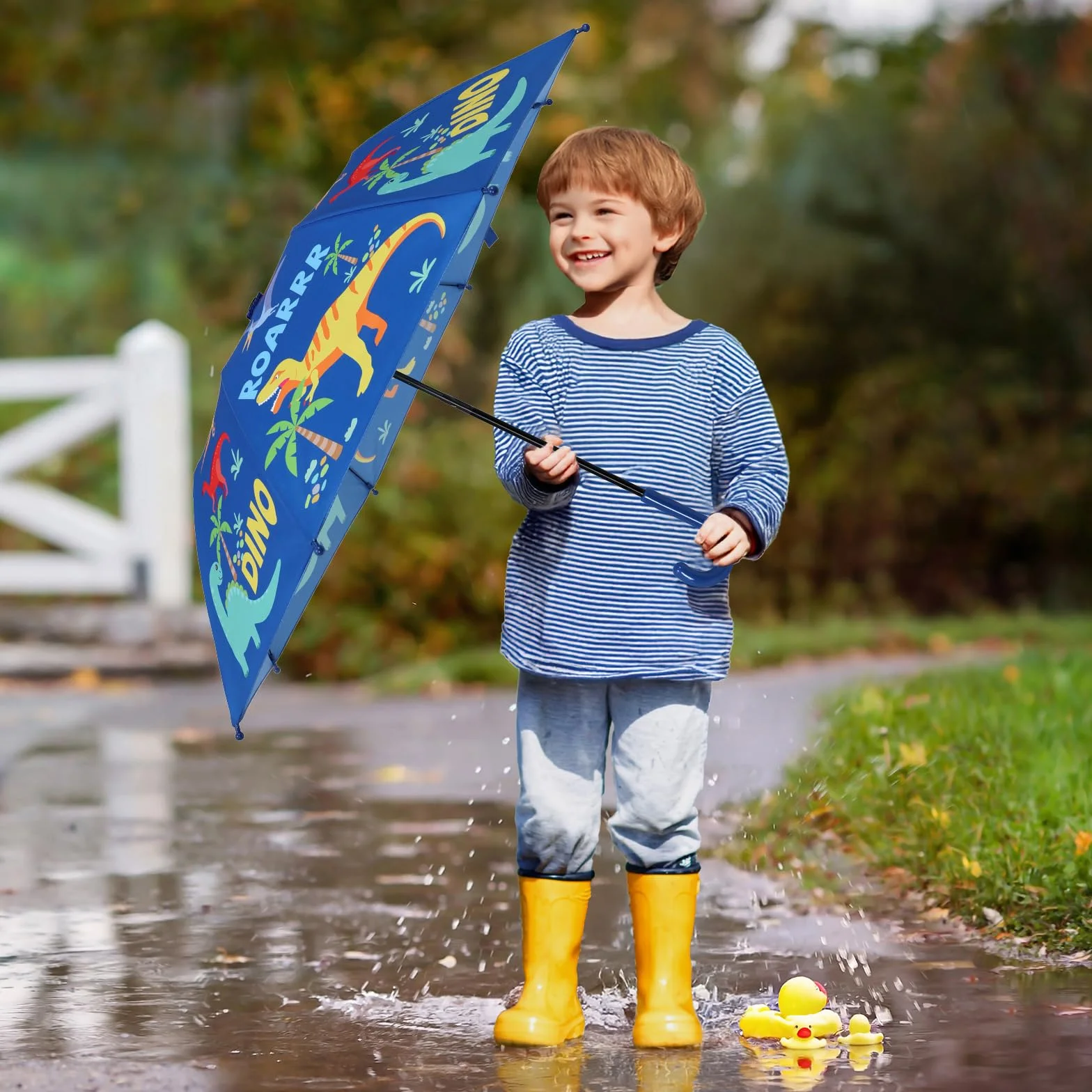 decalsweet Regenschirm Kinder Stockschirm mit Schirmhülle, Windsicher Robustheit Regen Regenschirm, Faltbarer Kinderschirm Taschenschirm für Junge Mädchen Leicht zu Transportieren, Blauer Dinosaurier
