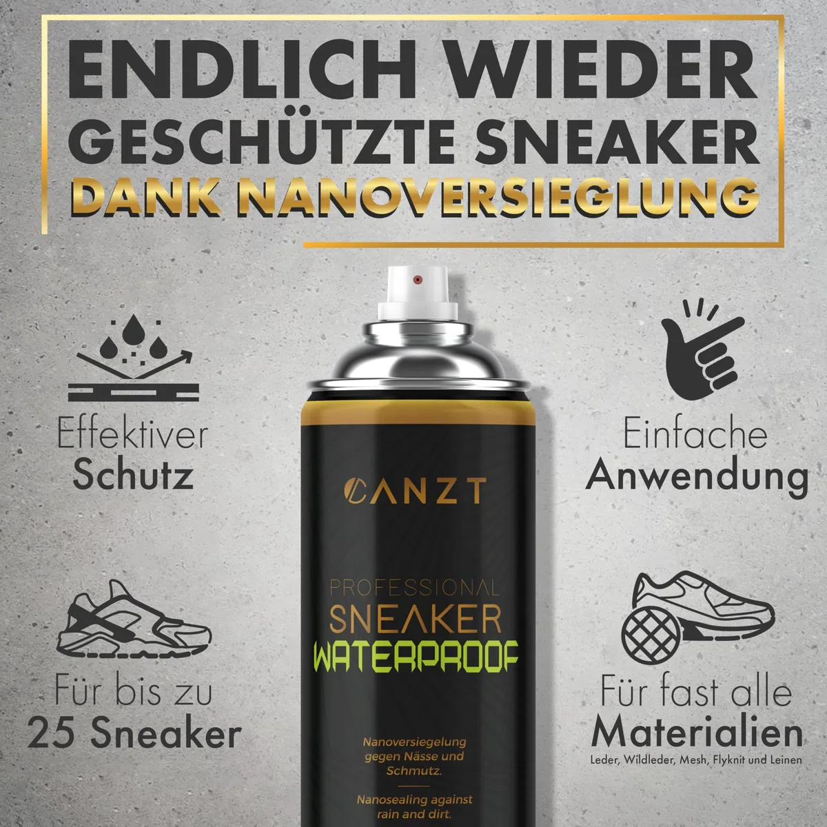 Canzt Imprägnierspray Schuhe 400ml – Schuh Imprägnierung für Wildleder, Leder, Nubuk & Textilien – Wasser- & Schmutzschutz für Sneaker & Outdoor-Schuhe