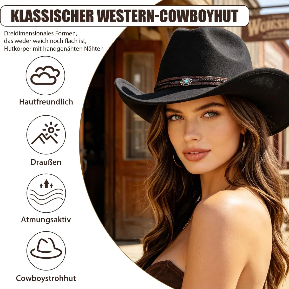 SIGONE Unisex Western Cowboy Filzhut Schwarz, Outdoorhut mit Breitem Rand & Verstellbarem Rückenband, Klassischer Hut für Männer Frauen Outdoor-Aktivitäten