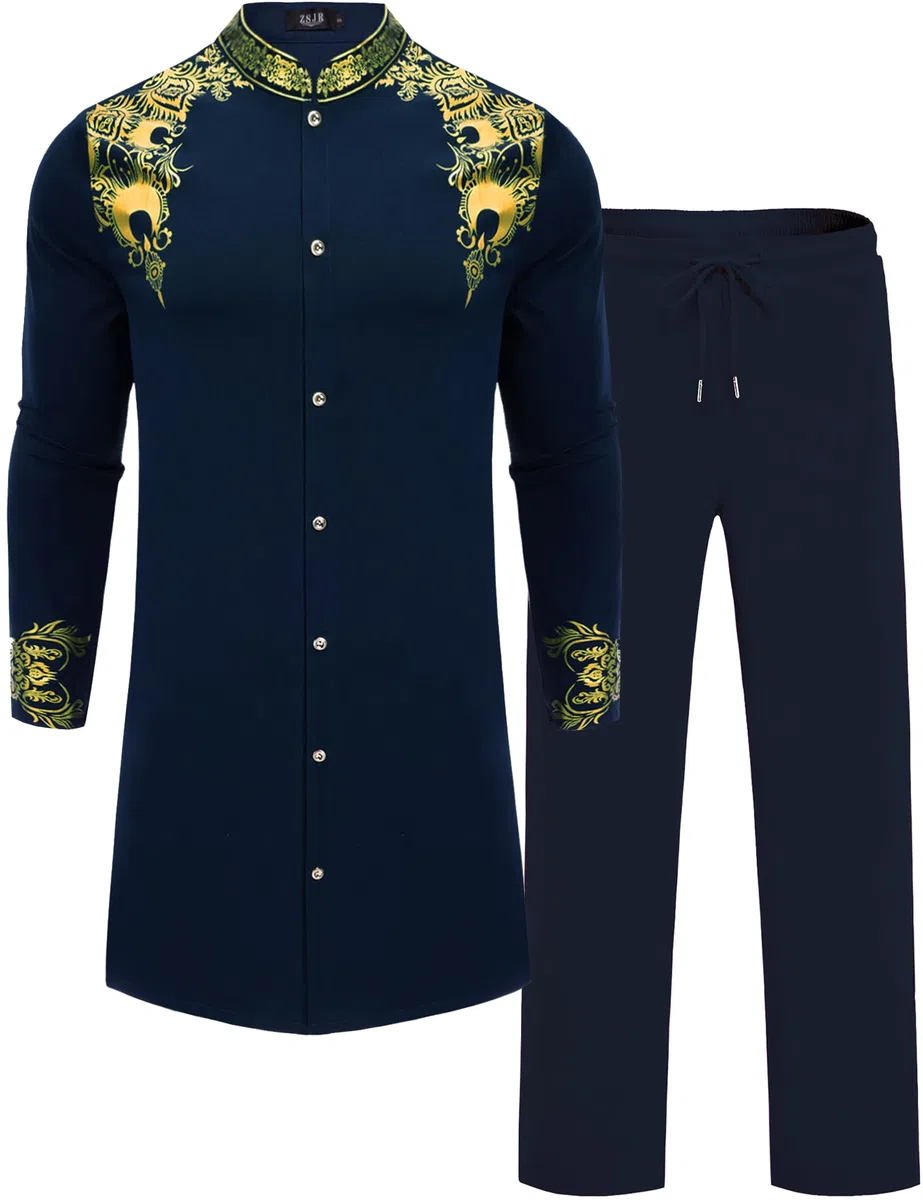 Langes afrikanisches Herren-Set, nigerianisches Dashiki, traditioneller Anzug, Goldstempel, bedrucktes Hemd und Hose, 2-teiliges Set