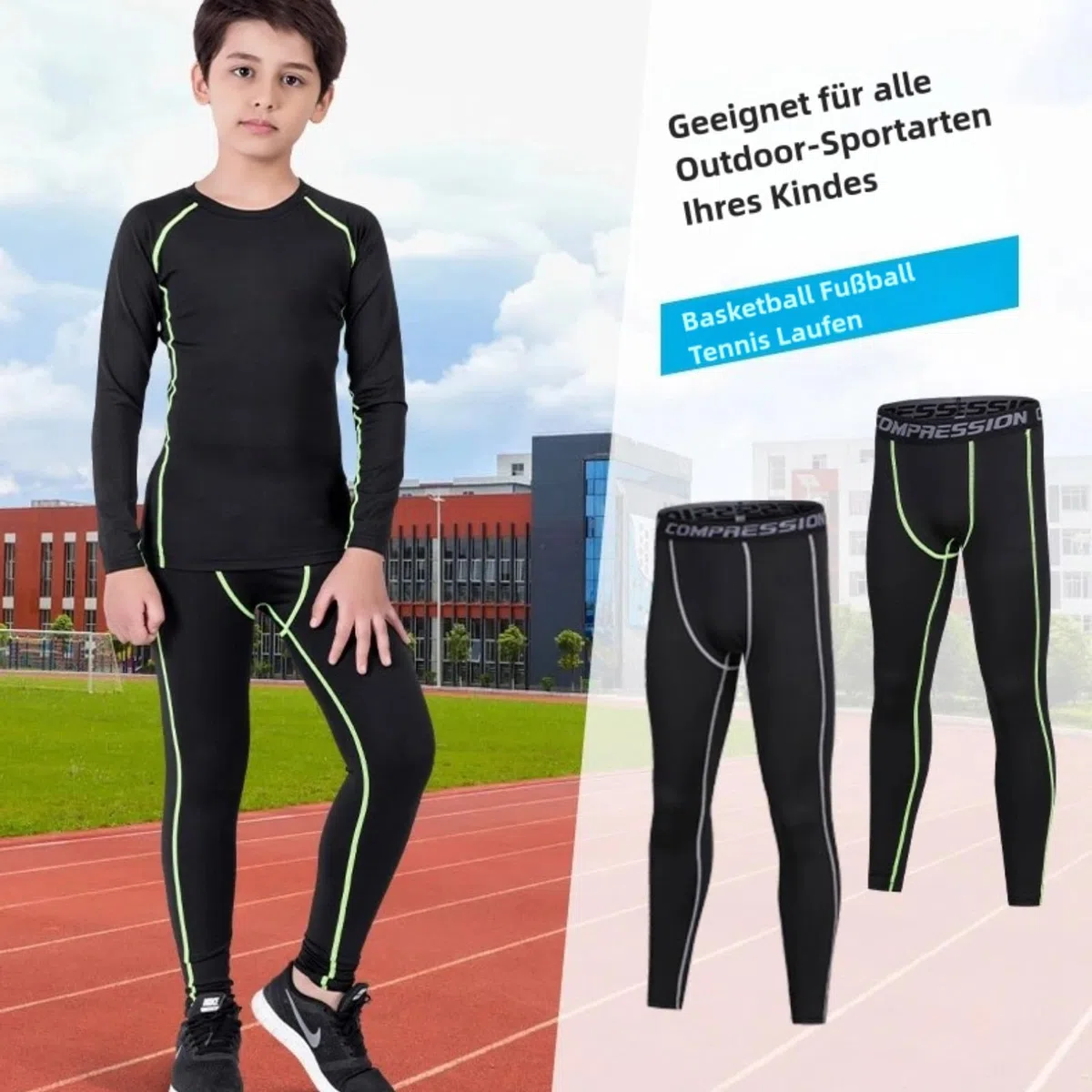 Thermounterwäsche Kinder Fussball Jungen Mädchen 2 Stück Funktionsunterwäsche Set Winter warm Skiunterwäsche Kinder Thermounterhemd + Thermohose Schnell Trockend Atmungsaktiv Sportunterwäsche Set