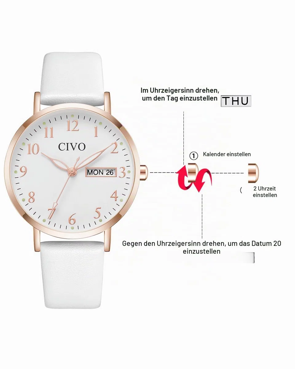 CIVO Leicht Lesbar Armbanduhr Damen: Klares Zifferblatt mit Zahlen Leuchtende Zeiger Datum - Analog Damenuhr Lederarmband für Casual Alltagskleidung Geschenke
