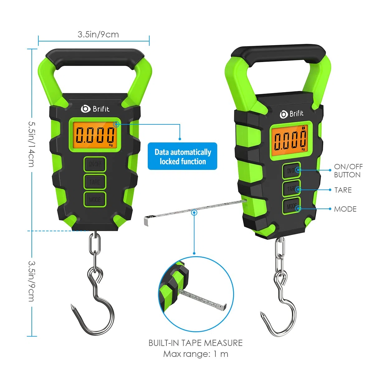 Brifit Digitale Kofferwaage, 50 kg Digitale Fischwaage mit Angelhaken, Gepäckwaage, IPX4 wasserdichte Hängewaage mit Maßband, Hintergrundbeleuchtung LCD-Anzeige, 2 AAA Batterien enthalten (Grün)