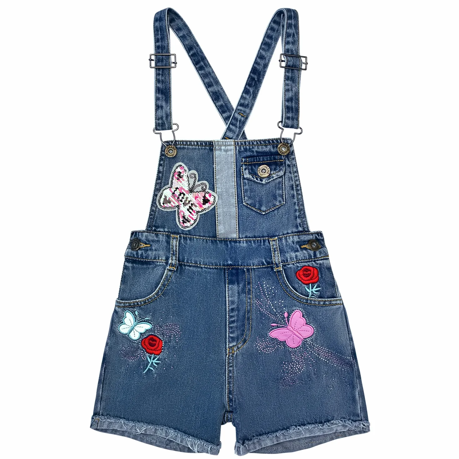 Peacolate 4-10 Jahre Kleines Groß Mädchen Latzhose Bestickte Pailletten Umdrehen Schmetterling Denim Kurze Jeans Overalls