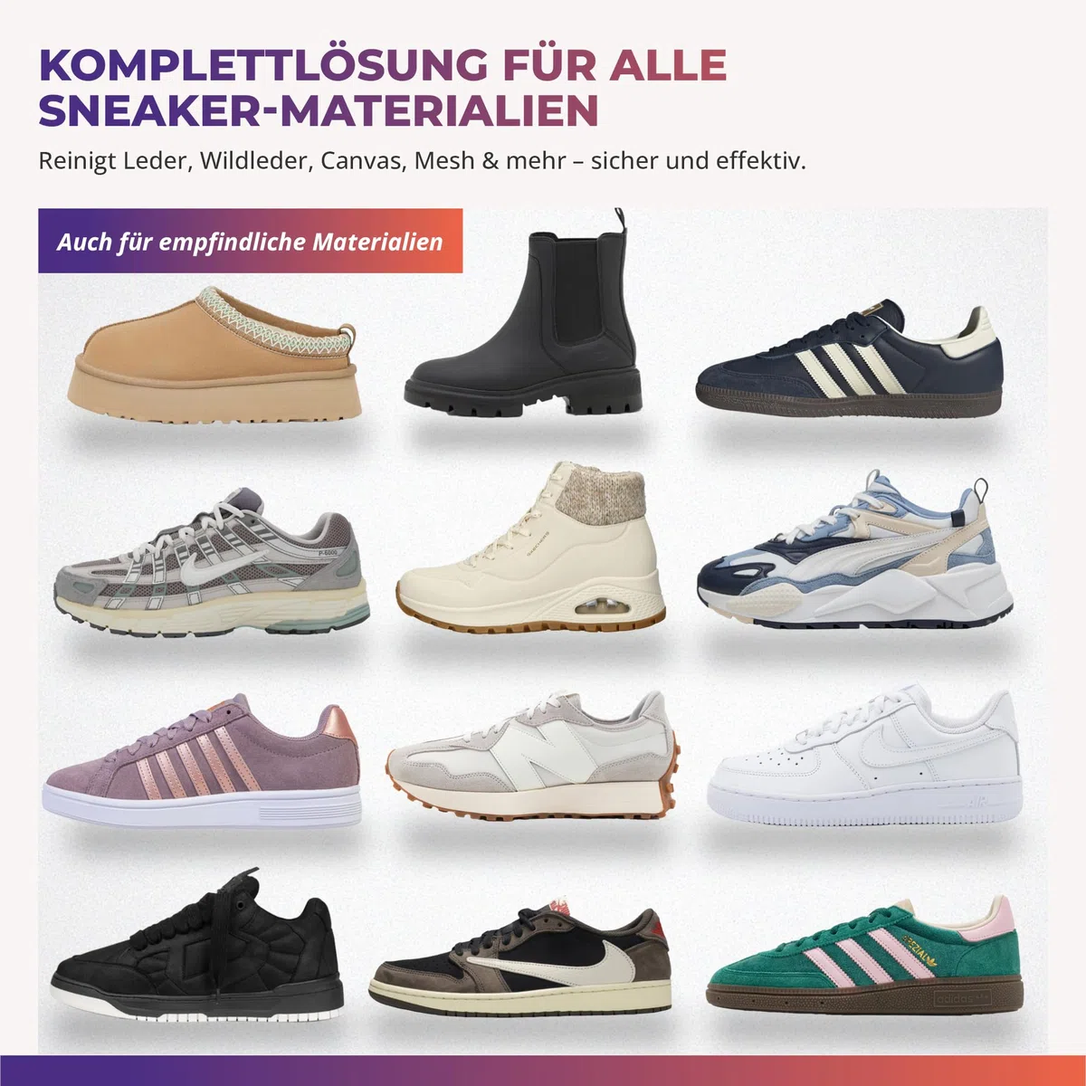 sneaker cleaner - Reinigungsset für alle Schuharten. 250ml effektiver Schuh-Reiniger + beidseitiger Naturholzbürste (weiche & harte Borsten) + hochwertigem Mikrofasertuch - Einfach saubere Schuhe
