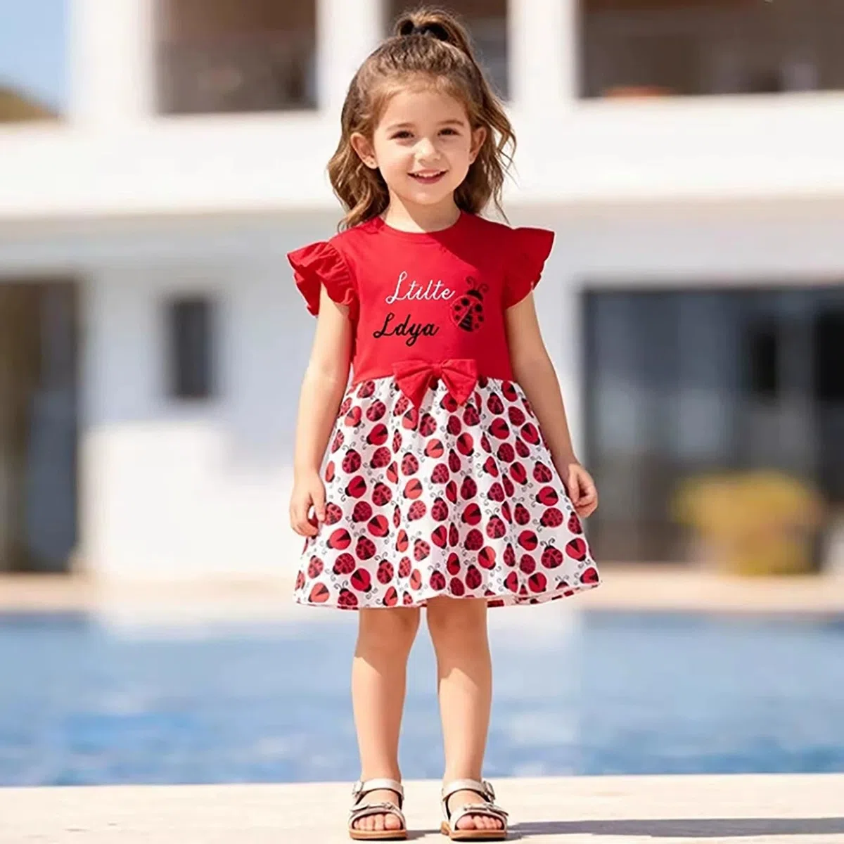Kurzärmeliges Mädchen Kleid Mit Marienkäfer-Print - Lockeres Sommerkleid Mit Schleifenmotiv | Lässiges Kleid Für Alltag Und Spielplatz