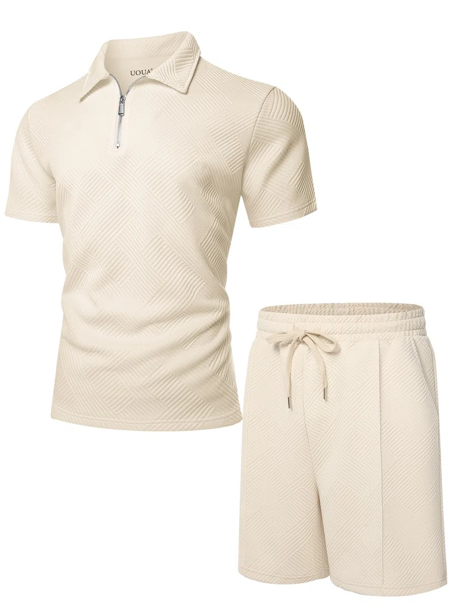 UOUA Herren 2-teiliges Sommer-Set Polo mit Viertelreißverschluss & Shorts Trainingsanzug Golf
