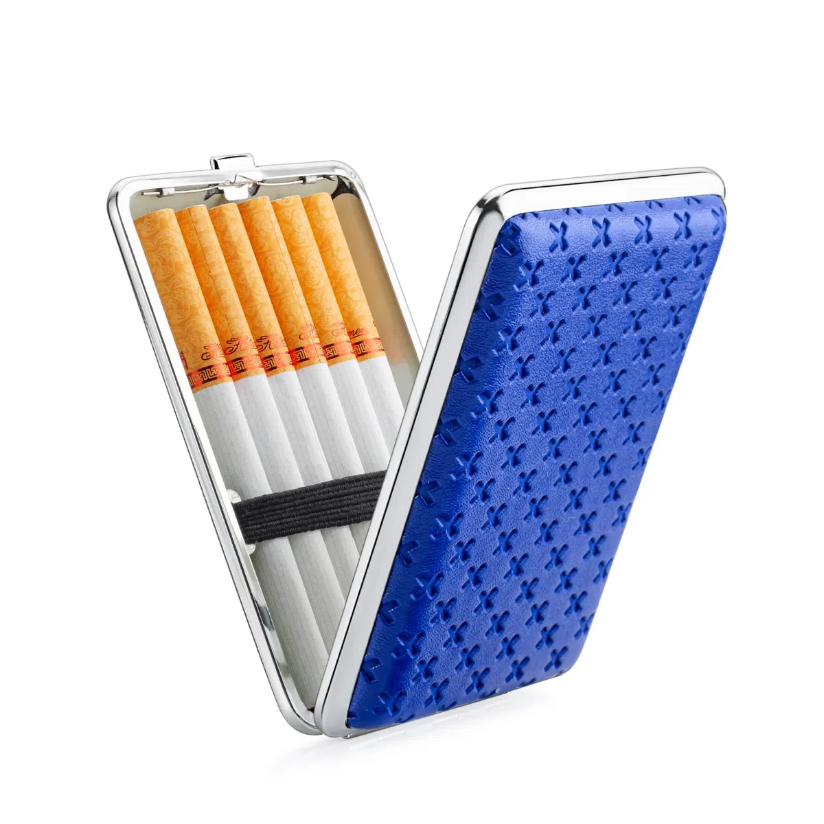 Herren Zigarettenetui aus PU-Leder, 4 Farben (Schwarz, Blau) für 14 Zigaretten, aus Metall mit Geschenkbox (Blau)