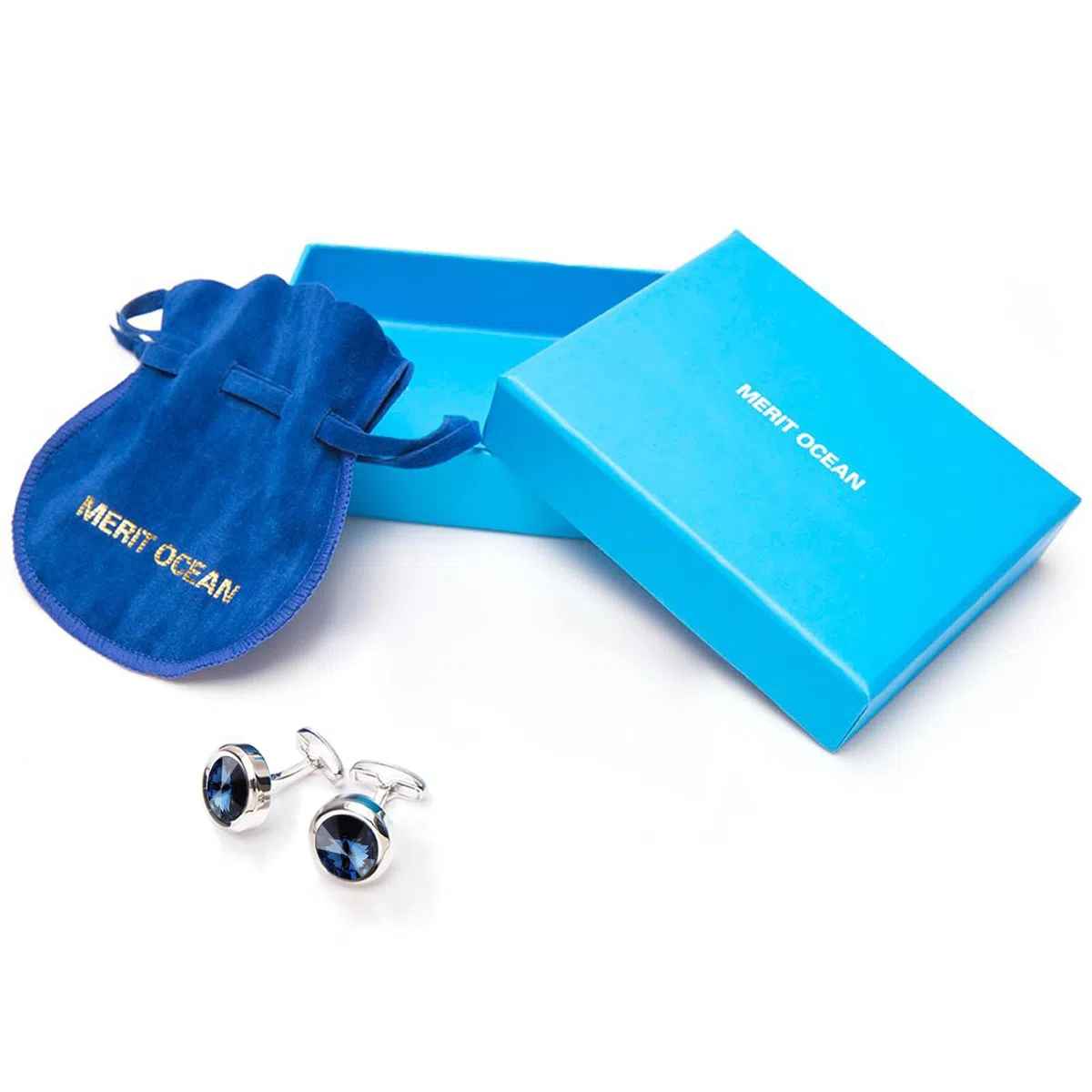 Merit Ocean Eleganten Stil Manschette Link Super glänzend Swarovski Marineblau Blau Kristall Circular Manschettenknöpfe Herren mit Geschenkbox
