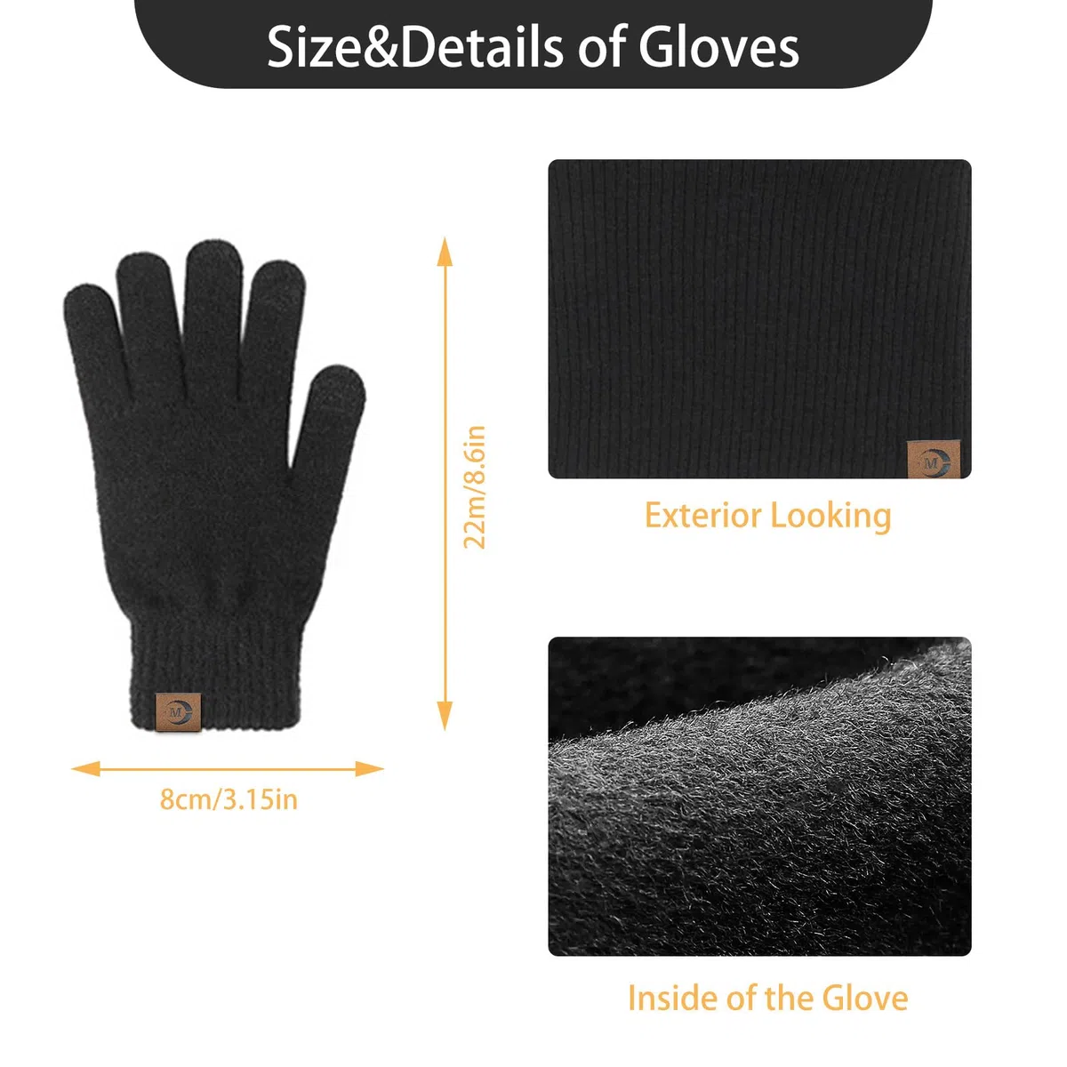 MARUKO Mütze Schal Handschuhe Set Herren Winter Warm Beanie Mütze Schal und Touchscreen Handschuhe Set mit Fleece Gefüttert Strickmütze Winterhandschuhe Schlauchschal Set (Schwarz)