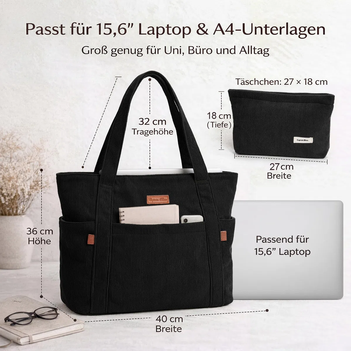 Captain Blues Cord Tasche Damen, Große Tote Bag mit Laptopfach, Shopper Tasche Damen mit Reißverschluss und weichem Baumwollfutter, Strandtasche, Arbeitstasche für Uni, Schule, Lehrer