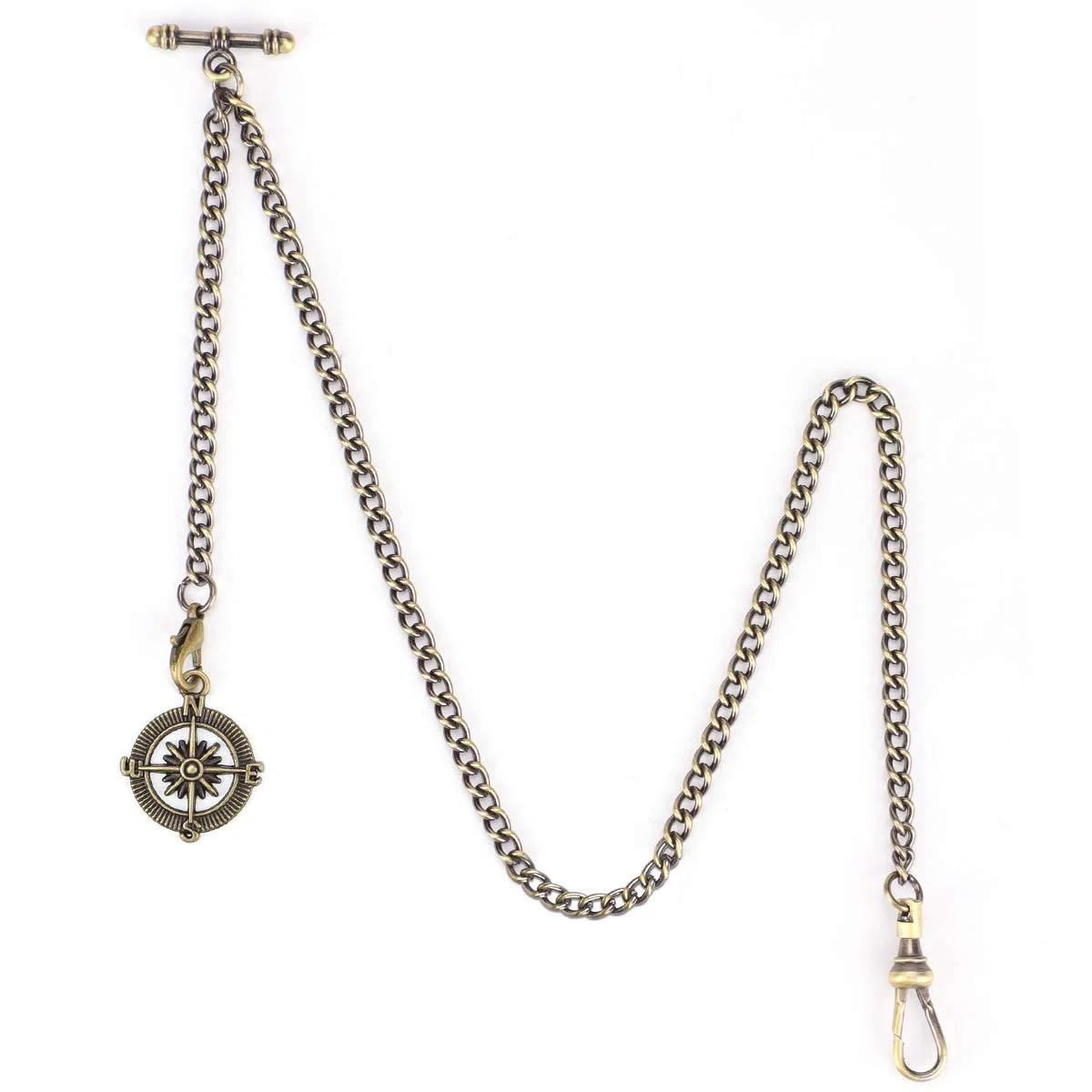 ManChDa Albert Chain Taschenuhr, T-Kette mit Kompass Anhänger, Curb Link Chain Kette 2 Haken, antike T-Bar für Herren