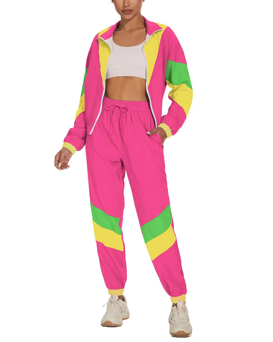 UOUA Frauen Farbe Block 2 Stück 80er 90er Outfits Langärmel Windbreaker Jacke Trainingsanzug Set