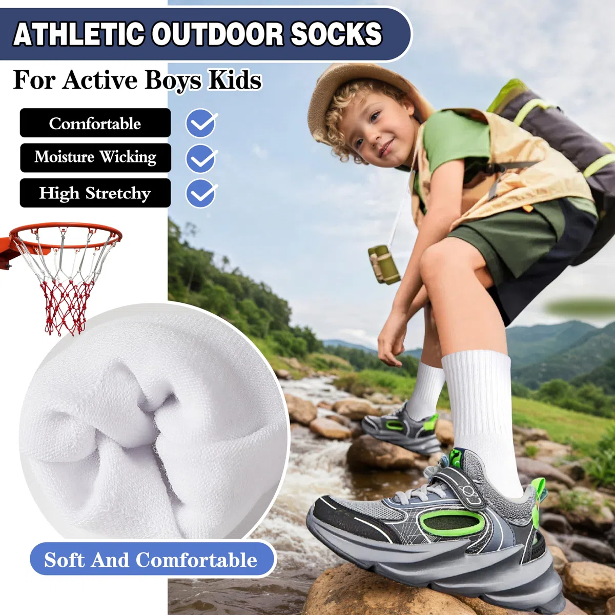MOGGEI Kindersocken Sport Baumwollsocken Kinder Jungen, Weiche Atmungsaktive Laufsocken mit für Schule & Sport 6 Paar