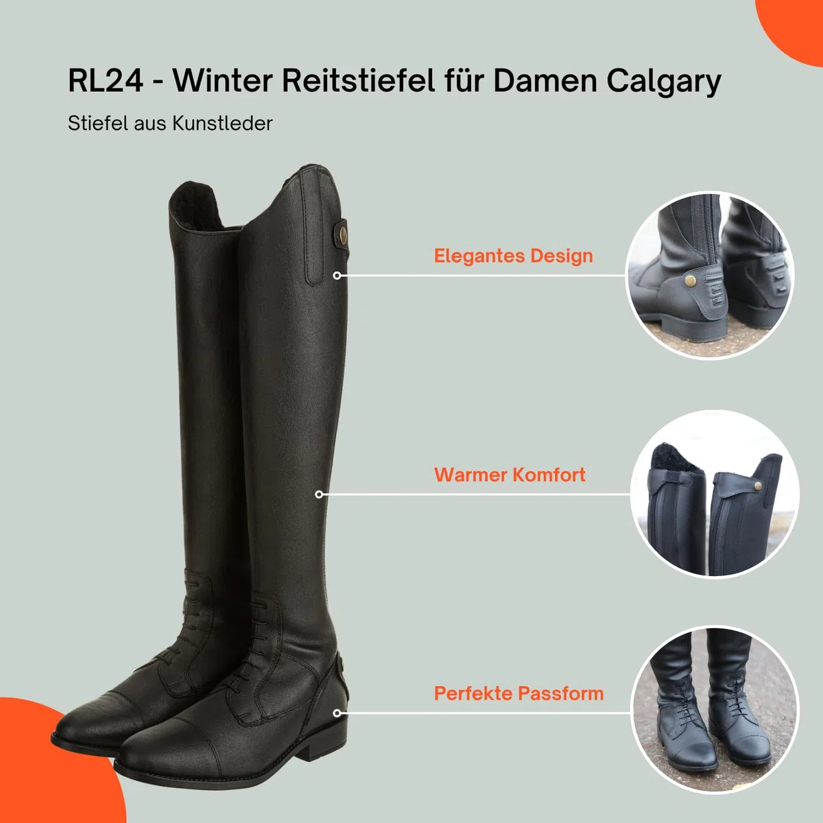 RL24 - Winter Reitstiefel für Damen Calgary – warme Damenstiefel zum Reiten – Stiefel aus Kunstleder mit Teddyfell & Reißverschluss – Winterstiefel in schwarz – Größe 36-42