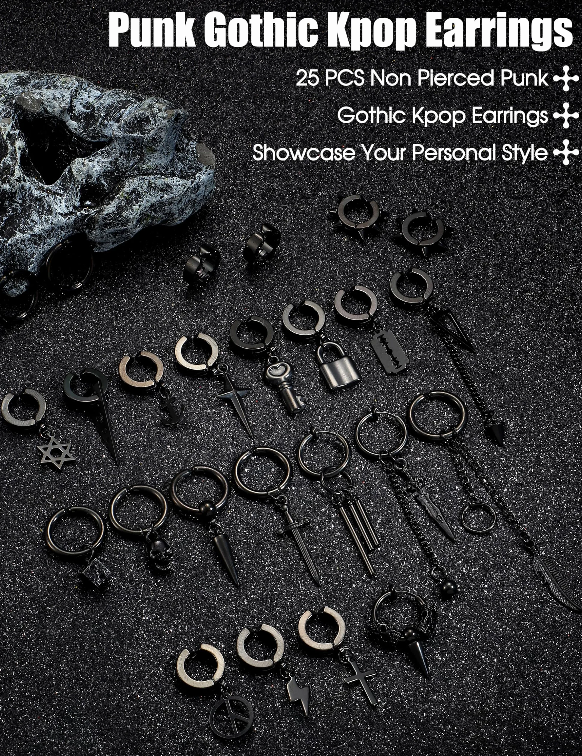 Diamday 25 Stück Ohrclips für Herren - Edelstahl Kreuz Kette Baumeln Ohrringe Schwarz Huggie Non Pierced Punk Gothic Kpop Set Fake Creolen