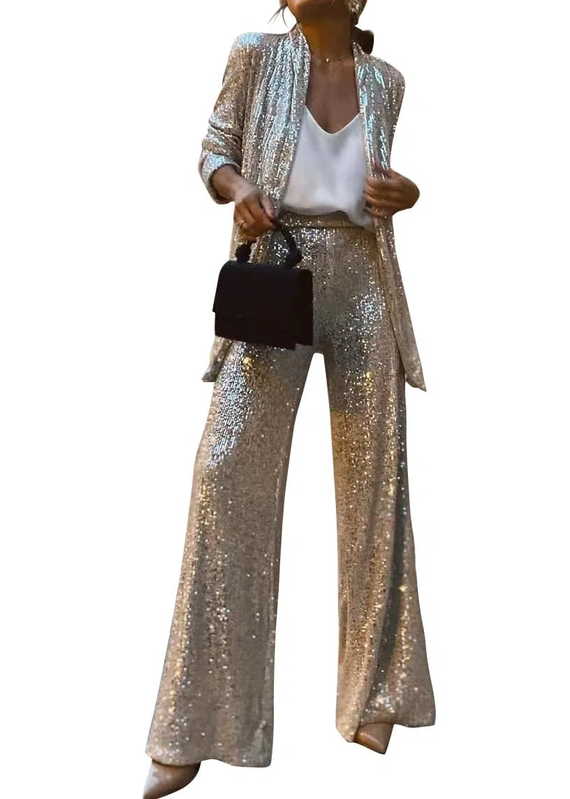 Damen Eleganter Revers Pailletten Blazer + Lässige Pailletten Hose Set Büro Business Zweiteiliges Set Urlaub Streetwear