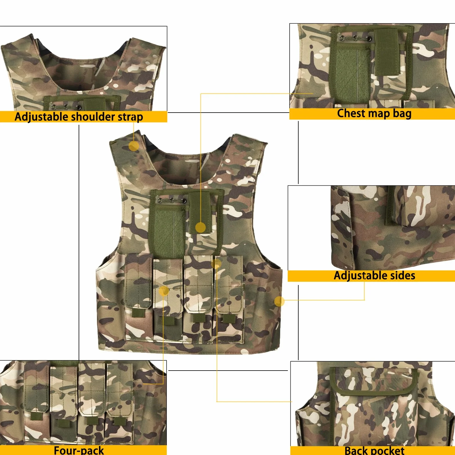 Kinder Outdoor Taktikweste Airsoft Militär Camouflage 600D Oxford-Stoff Weste Verstellbar Leicht Bequem für Kampf Wandern Jagd Camping Junge Mädchen