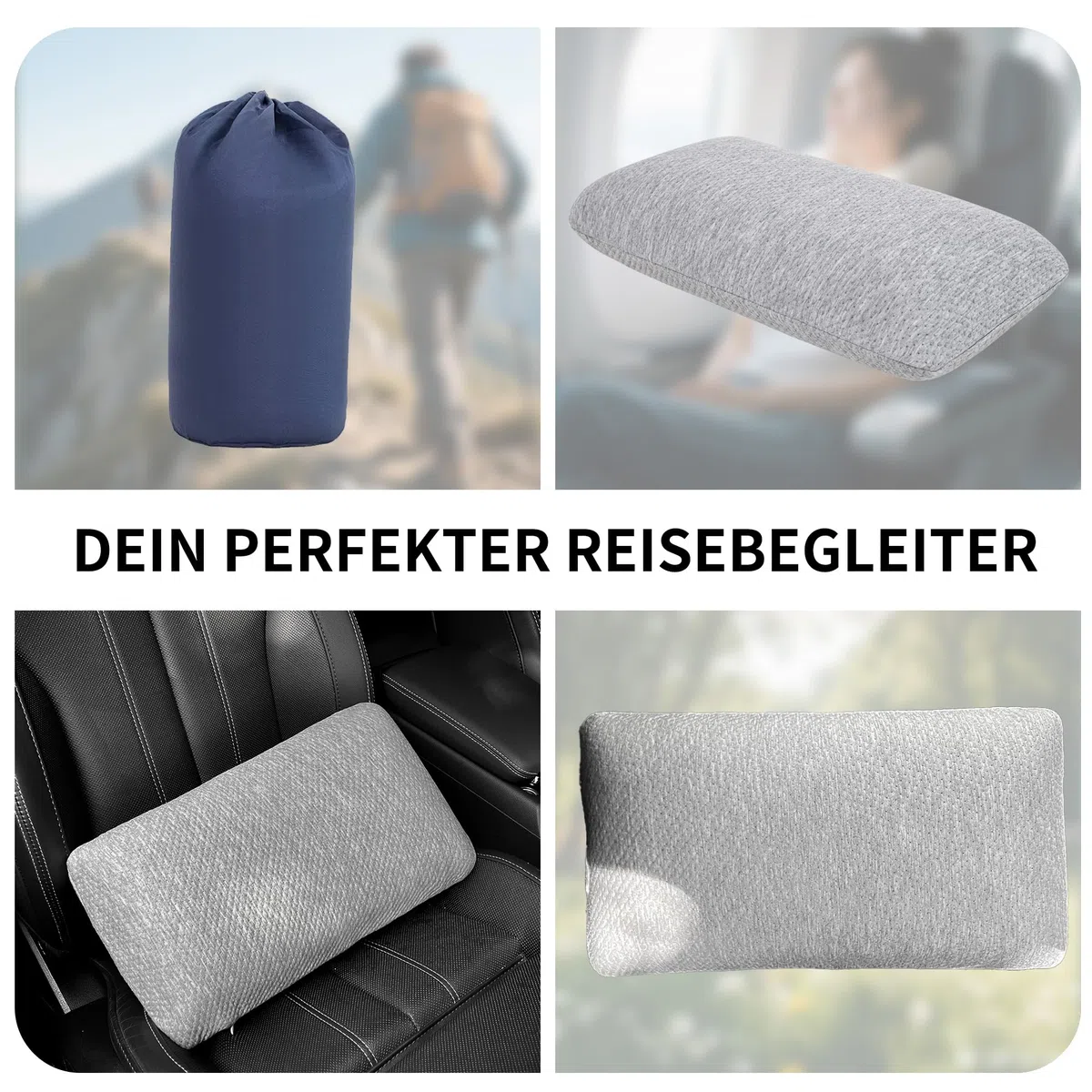 Reisekissen Memory Foam, Reisekopfkissen, Camping Kissen mit Packsack, Ideal für Auto, Flugzeug und Rucksackreisen, Kleines Kissen 42x24x12 cm, mit Waschbarem Kissenbezug