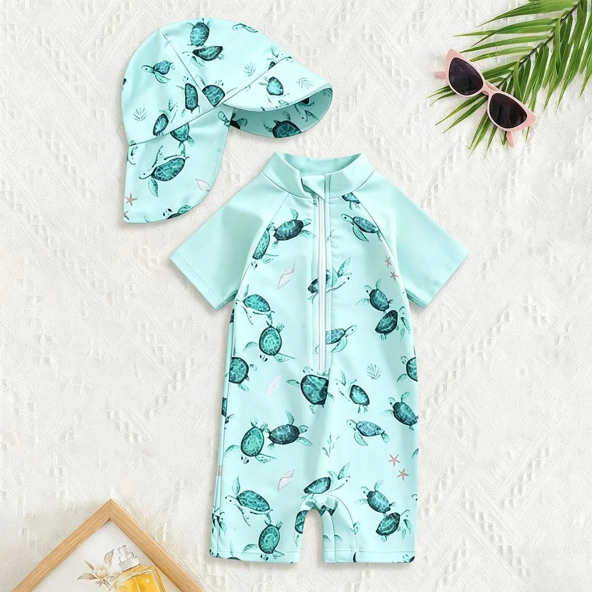 Uv Schutzkleidung Baby, Badebekleidung Junge Mädchen, Einteiler, Langärmelig, Rashguard, Reißverschluss, Badeanzug mit Sonnenkappe, Strandkleidung