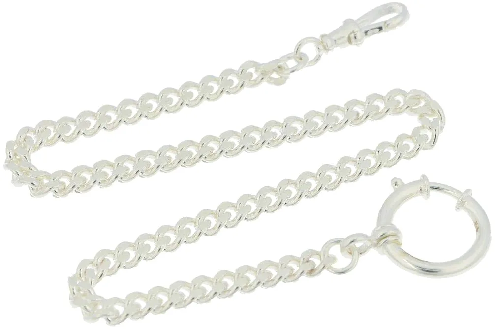Taschenuhrkette echt 925 Silber u. a. für Taschenuhren, 30 cm lang Flachpanzer 5 mm mit Federring und drehbarem Karabiner