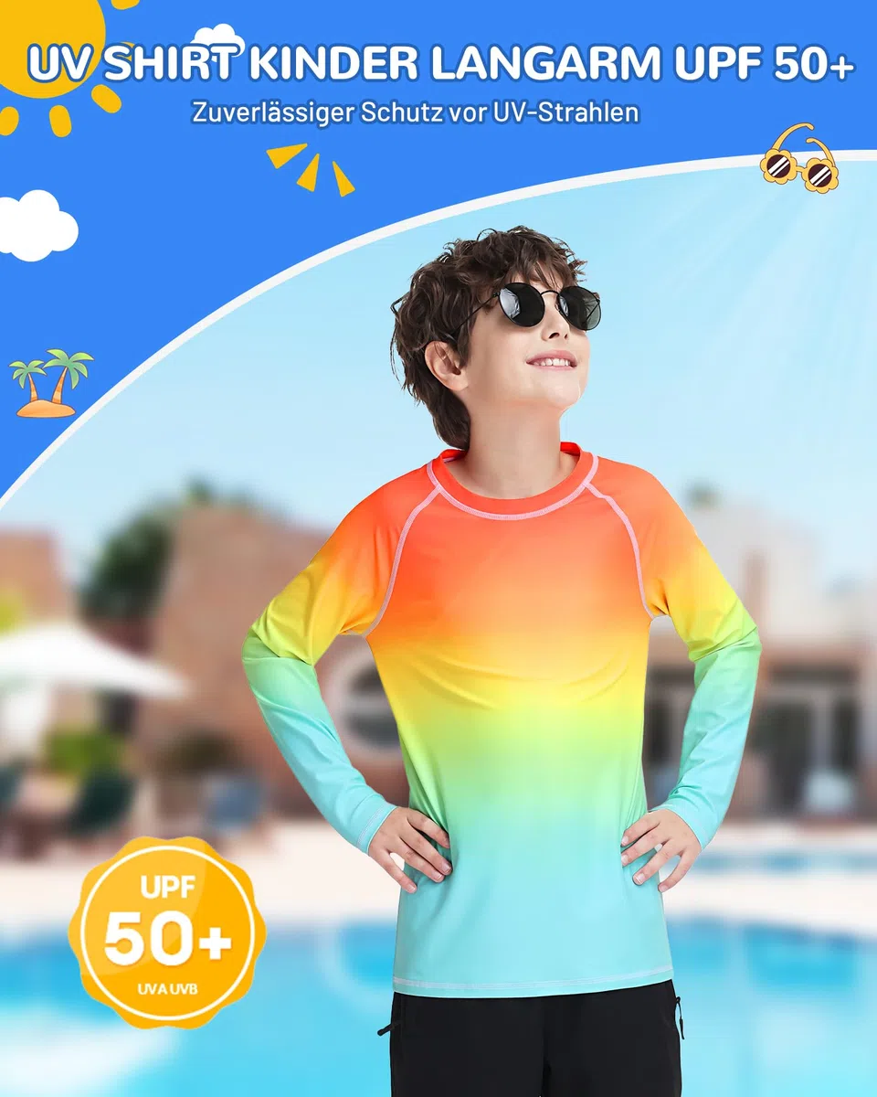 Runhit UPF 50+ UV Shirt Kinder Langarm, Atmungsaktives Badeshirt Schwimmshirt mit Rundhals, Schnelltrocknendes Rashguard Top für Strand Wassersport Outdoor