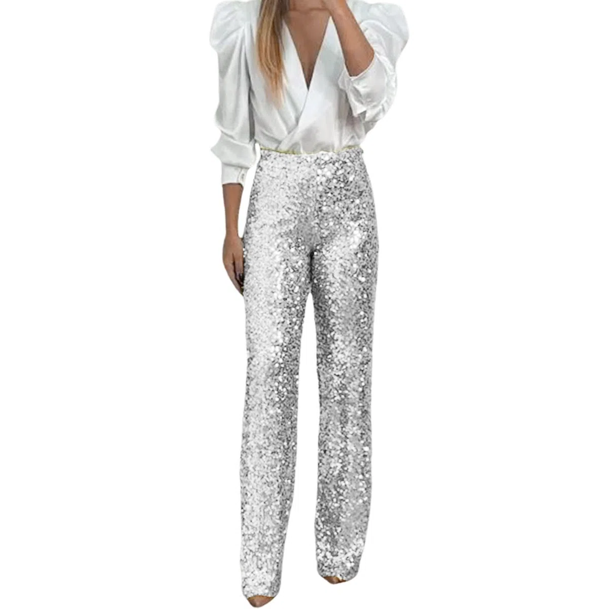 Pailettenhose Damen Outfit Silvester Damen Pailettenhose Lang Elegant Einfarbig Lange Glitzer Hose Silvester Outfit Pailletten Karneval KostüM Pailletten Hose Weites Freizeithose Elastischem Bund