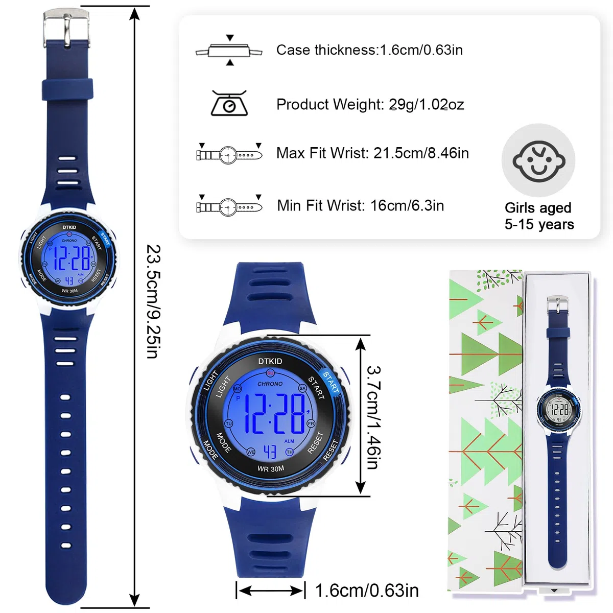DTKID Digitale Kinderuhr Jungen Mädchen, 7-Farben-LED, Armbanduhr Kinder mit Wecker, Stoppuhr, Datum, 5 ATM wasserdichte Outdoor Sportuhr Kinder Uhren für Teenager