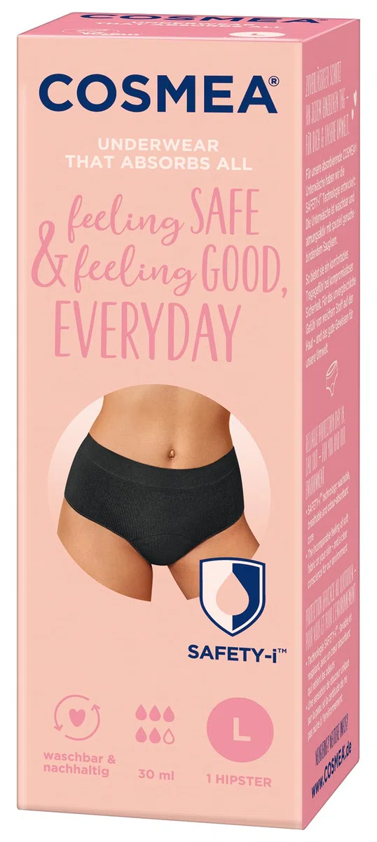 COSMEA Hipster Unterwäsche, Größe L, wiederverwendbare Periodenunterwäsche, sicherer Schutz bei Menstruation