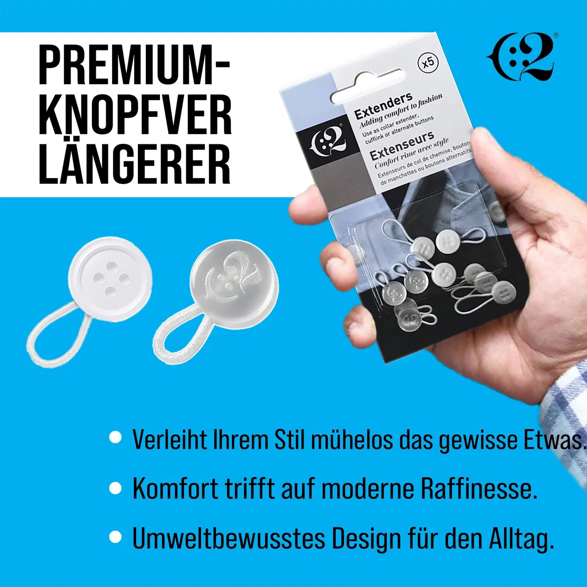 C2 5 Stück Hemdknopf-Erweiterungen in gemischten Größen, Weiß - Fügt bis zu 3 Größen hinzu (1,3-2,5 cm) - 10 mm Knöpfe (16L) - Elastische Kragen & Manschettenverlängerung (S/M/L)