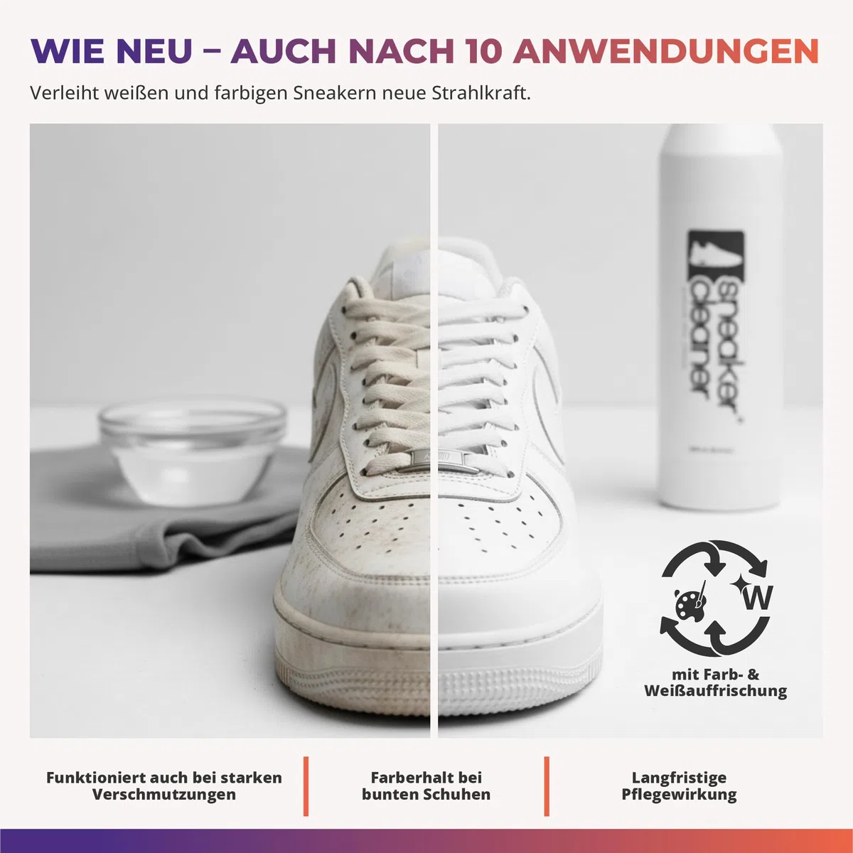 sneaker cleaner - Reinigungsset für alle Schuharten. 250ml effektiver Schuh-Reiniger + beidseitiger Naturholzbürste (weiche & harte Borsten) + hochwertigem Mikrofasertuch - Einfach saubere Schuhe