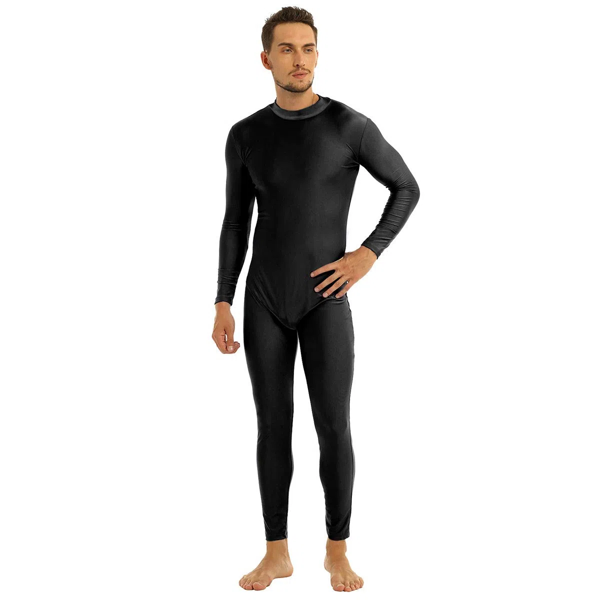 dPois Herren Jumpsuit Lang Overall Langarm Ganzkörperanzug Bodysuit mit Stehkragen Zipper Sport Body Gymnastikanzug Stretch