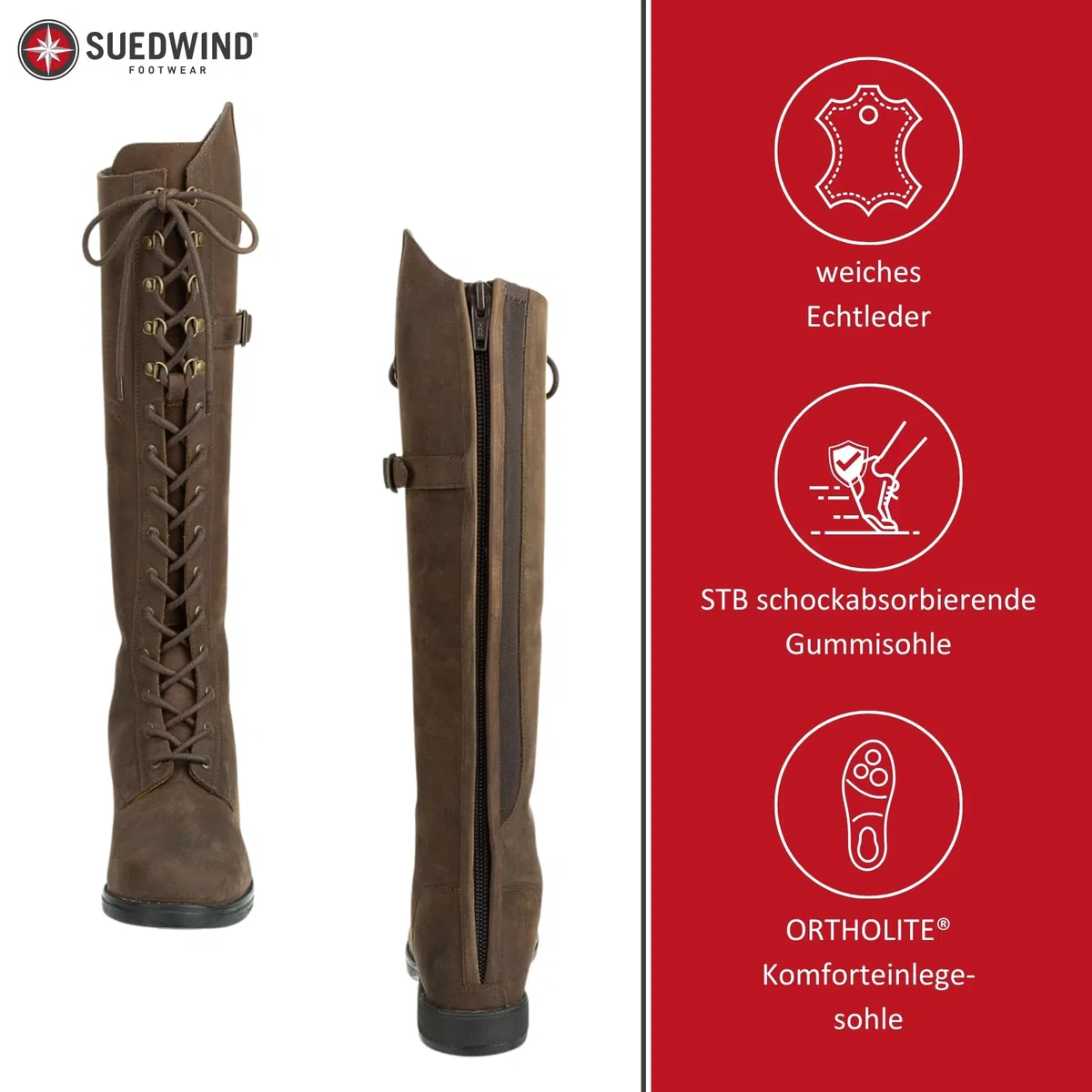 SUEDWIND FOOTWEAR Leder Reitstiefel für Damen Longford All Year Waterproof – Stiefel zum Reiten – Polo-Schnürung, Reißverschluss & Ortholite-Innensohle – schwarz o. braun – Gr. 36-43