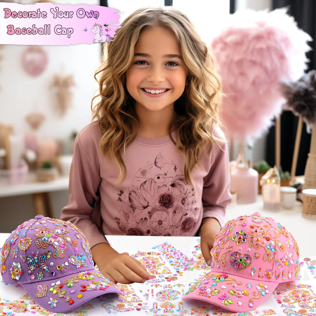 Geschenke für Mädchen DIY Baseballkappe, Kappe Selbst Gestalten mit Diamant Aufklebern, Schulanfang Geburtstag Geschenk Mädchen 4 5 6 7 8 9 10 11 12 Jahre, Baseball Cap Bastelset Hut Kinder Schule