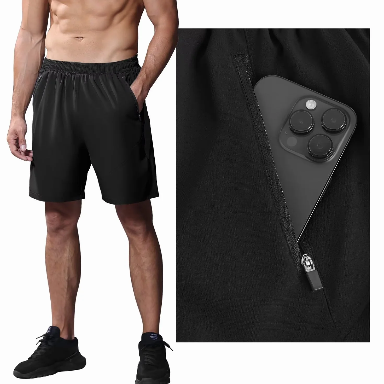 HMIYA Herren-Sport-Shorts, schnelltrocknend, mit Reißverschlusstaschen für Workout, Laufen, Training