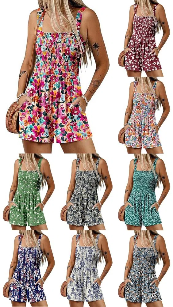 Jumpsuit Damen Sommer Kurz Overall Ärmellos Träger Quadratische Hals Einteiler Shorts Romper Elastischer Rückenfrei Blumendrucken Casual Leicht Playsuit mit Taschen Trägerhose