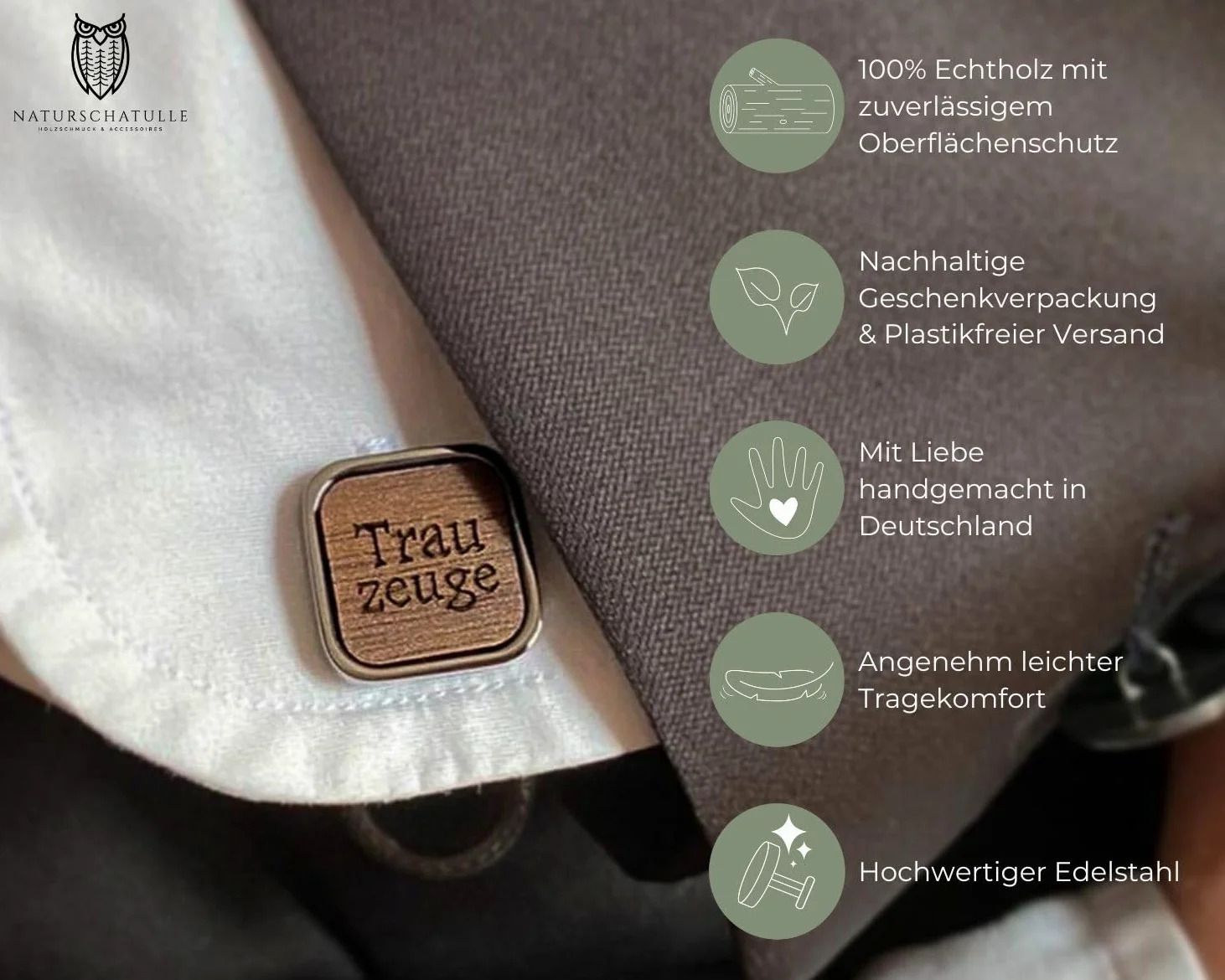 NaturSchatulle Manschettenknöpfe Herren Holz mit Gravur 1 Paar Schwarze Manschettenknopf Rund Hochzeit Anzug Männer Cufflinks for Men