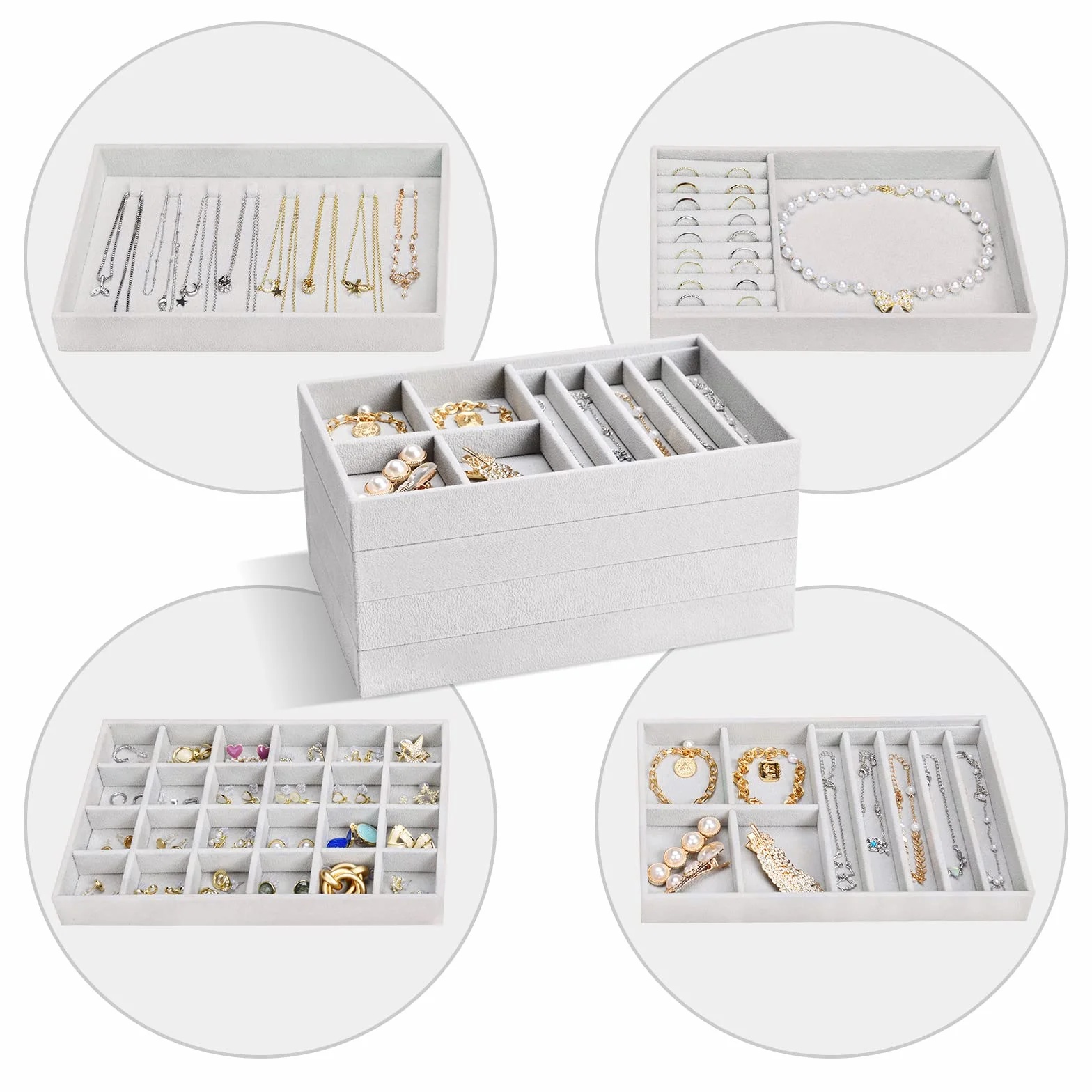 ProCase Schmucktablett Organizer mit 4 Schmuckschalen, Stapelbar Schmuck Schublade Organizer, Schmuckaufbewahrung für Ohrringe Ringe –Grau