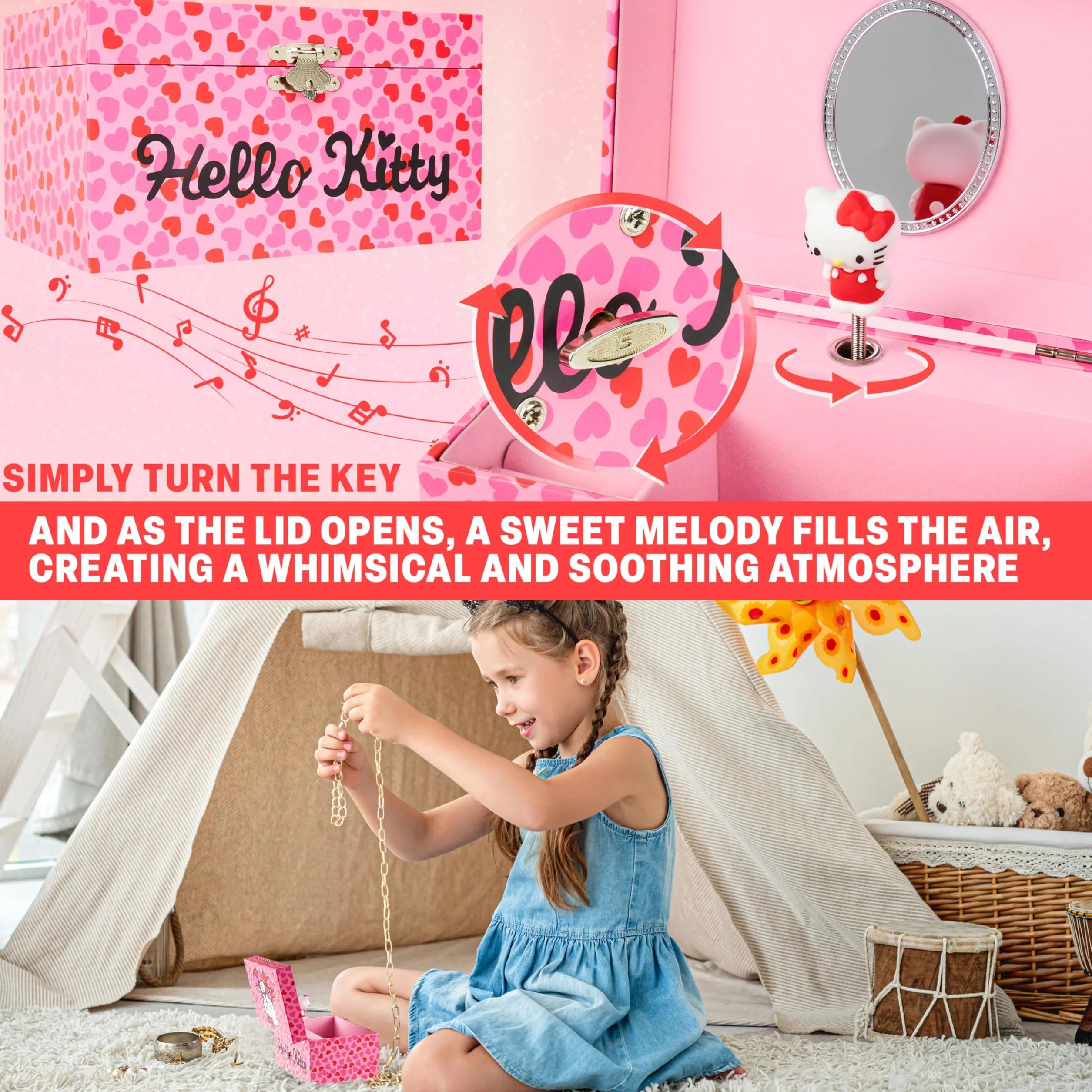 Hello Kitty Sanrio Schmuckkästchen Mädchen mit Spieluhr, Spiegel, Schmuckschatulle Kinder für Ringe, Ohrringe, Halskette, Geschenke für Mädchen (Rosa