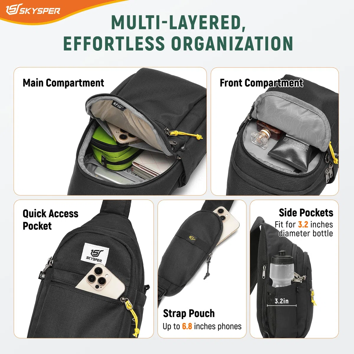 SKYSPER Brusttasche Herren Klein Sling Bag Leicht Schultertasche Crossbody Umhängetasche für Männer Damen Reisen Wandern Outdoor