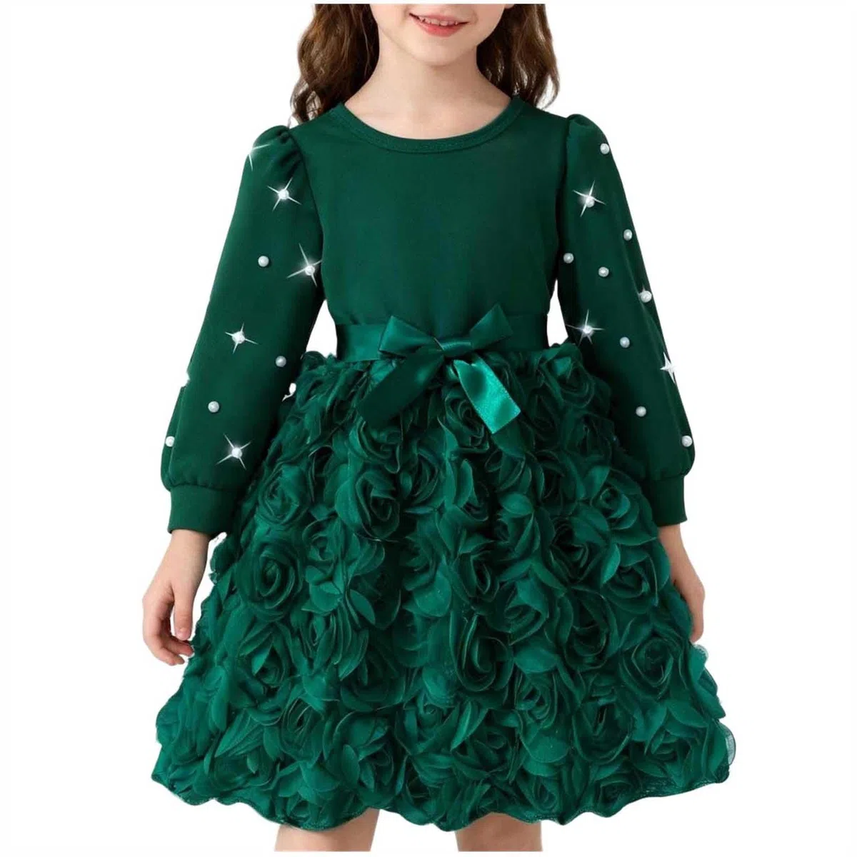 Kleider für Mädchen Rundhals Kleid Langarm Einfarbig Freizeitkleid Netz Tutu Elegant Sommerkleid Mädchenkleid A-Linie Midikleid Bogen Sommer Kleid Langarmkleid Kinder Kleider Dress 2-8 Jahre