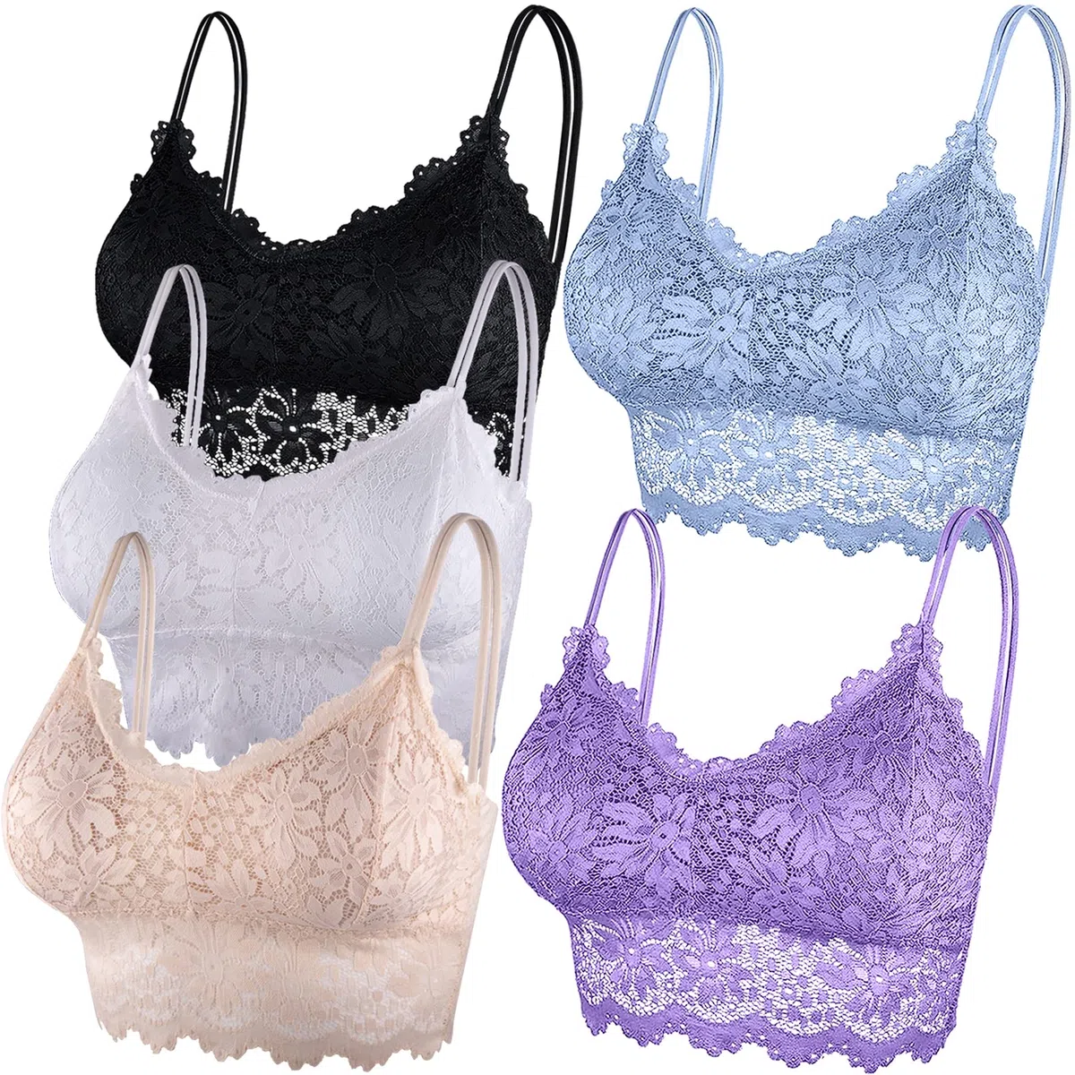 Duufin 5 Stück Spitzen BH Bralette Spitze Gepolstert für Damen und Mädchen, 5 Farben
