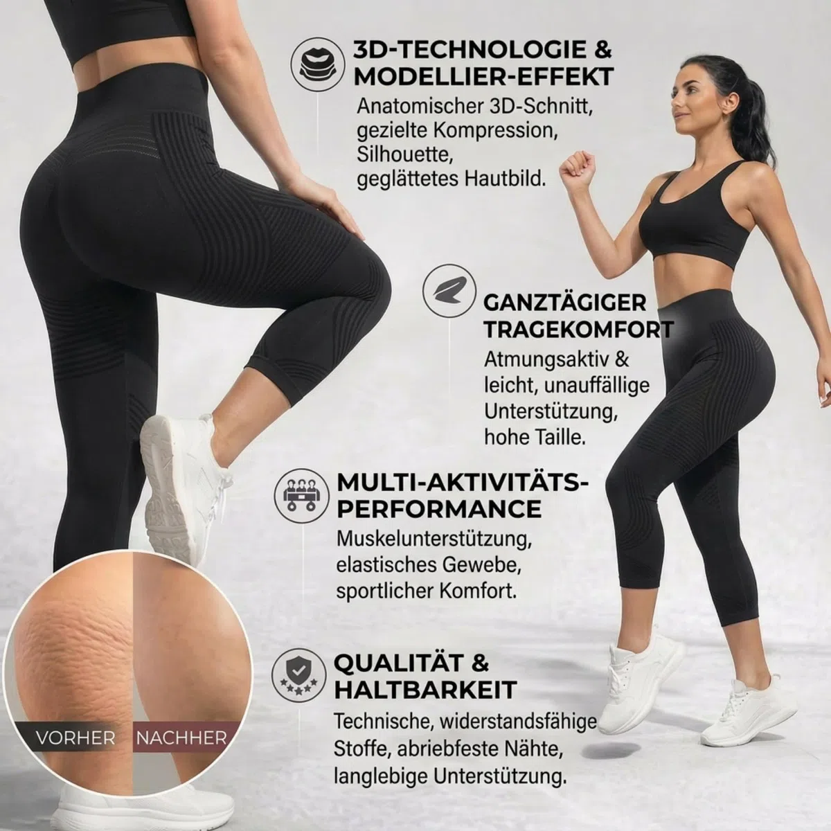 Coreex Celluflex 3D-Kompressionsleggings, Leggings Damen 3/4 LipöDem Anti Cellulite Leggings kompressionsleggins Damen High Waist Push-Up Trousers Yoga Fitness Sportleggins Sommerhose