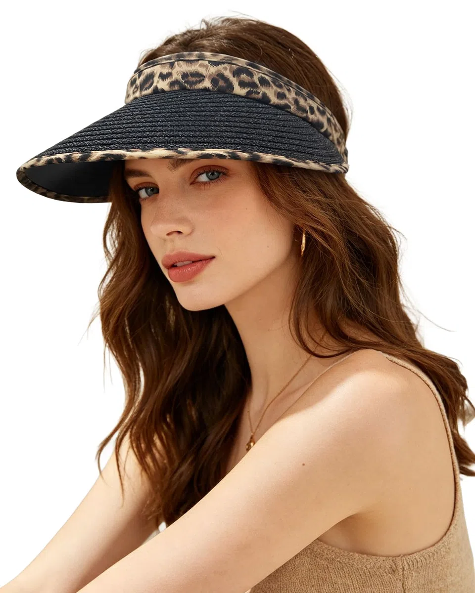 Clakllie Sommer Sun Visor Cap Damen UV-Schutz Stroh Sonnenhut mit Breiter Krempe Leopard Sonnenschild Outdoor Sport Golf Tenniskappe