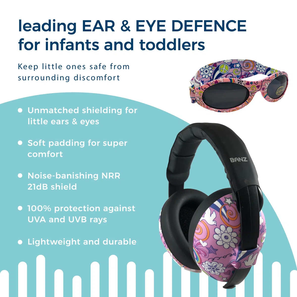 BANZ Ohrenschützer mit Gehörschutz und Sonnenbrille für Babys und Kleinkinder (Kombipaket) rosa-Gekritzel