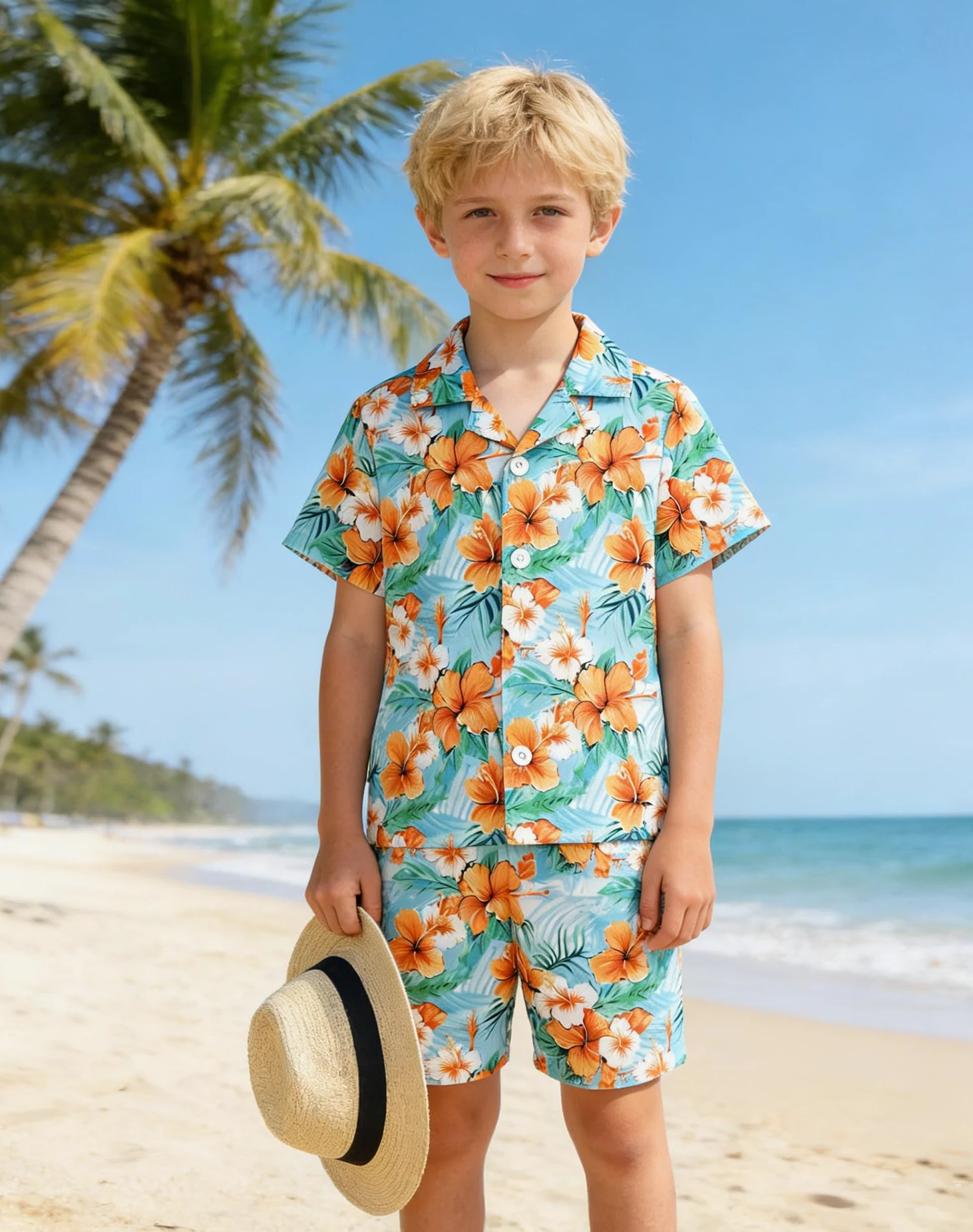 ZOEREA Jungen Kurzarm Strandhemd Set, Hawaii Design Strandshorts, Sommer Schnell Trocknend Bekleidung 6-7 Jahre