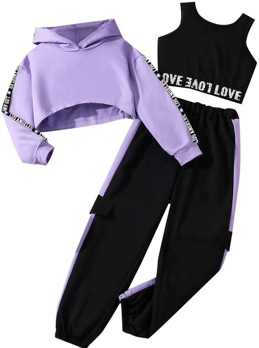 Hilinker 3-teiliges Outfit für Mädchen mit Kapuze, bauchfreies Tanktop und Sweatpants