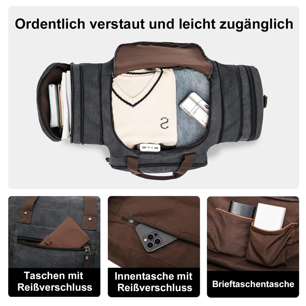 Erweiterbare Reisetasche 70L, Große Sporttasche Herren Damen, Robuste Stofftasche für Reisen, Fitness und Business, Handgepäcktasche (Dunkelgrau)
