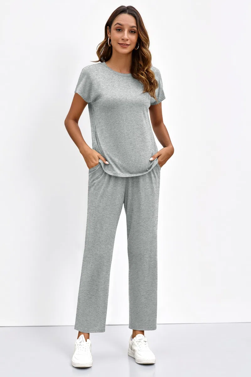 Cicy Bell Damen Zweiteiler Set Kurzarm Rundhals Jogginganzug Streetwear Trainingsanzug mit Kordelzug und Tasche
