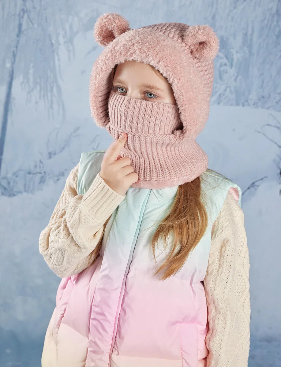 SEAUR Schlupfmütze Mädchen 4-10 Jahre Gefüttert Strickmütze Kinder Schalmütze Sturmhaube Wintermütze Niedlicher Bärchen Balaclava